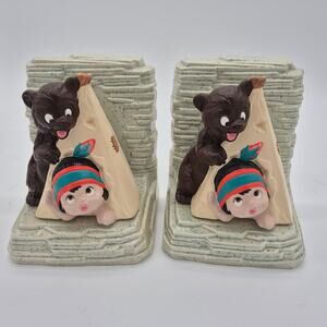 Vintage Mid Century Kitschy Ceramic Native American Boy & Bear Teepee book ends